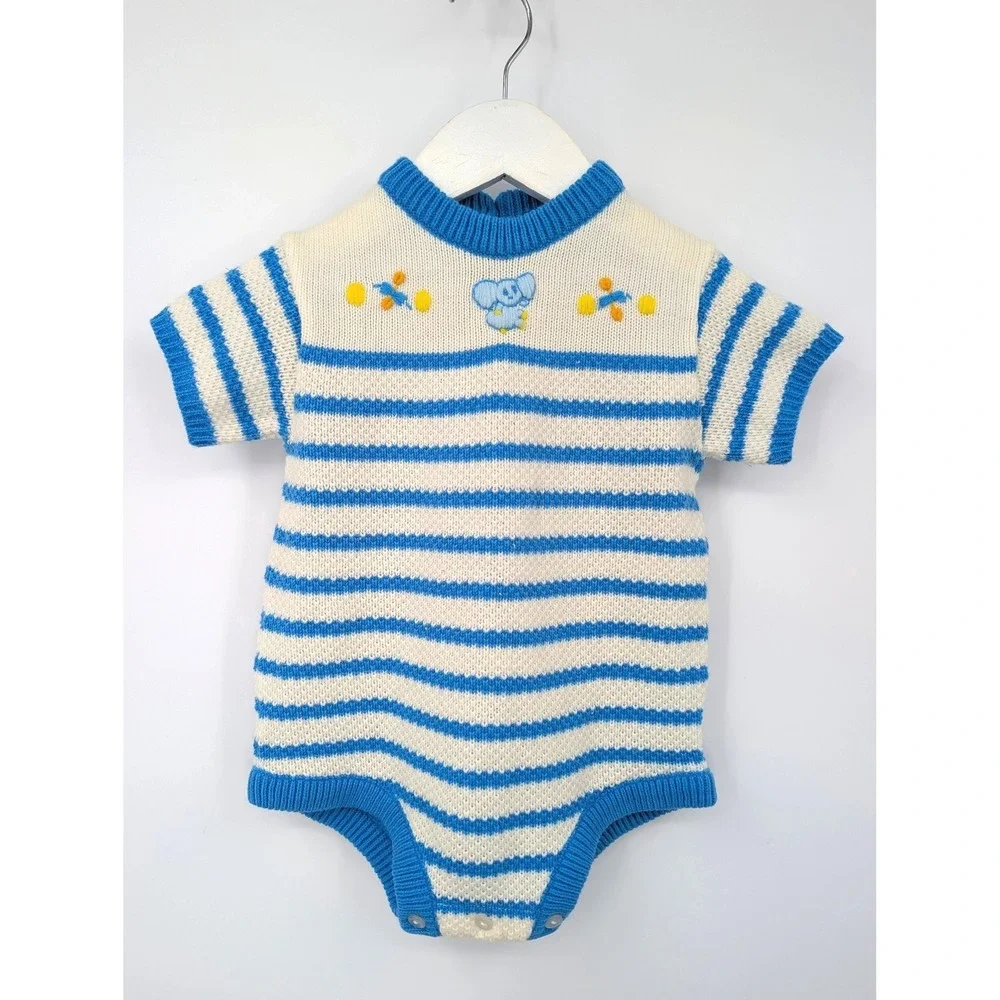 Vintage Carter's 18M Baby Knit Romper Blue White Striped Elephant Acrylic